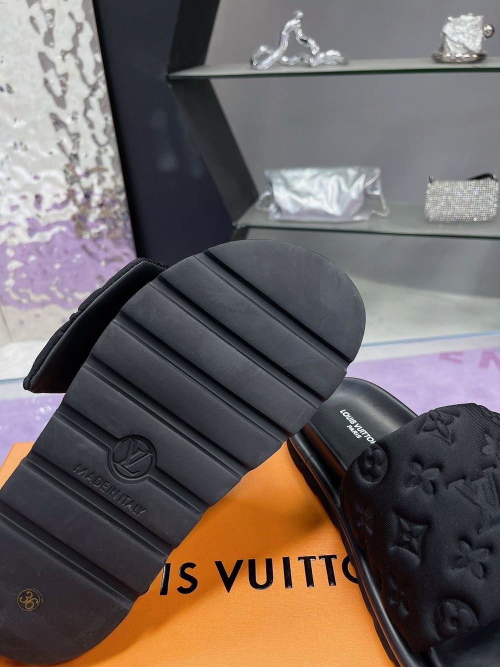 Louis Vuitton Black Monogram Padded Slide Sandals - Picture 7 of 8